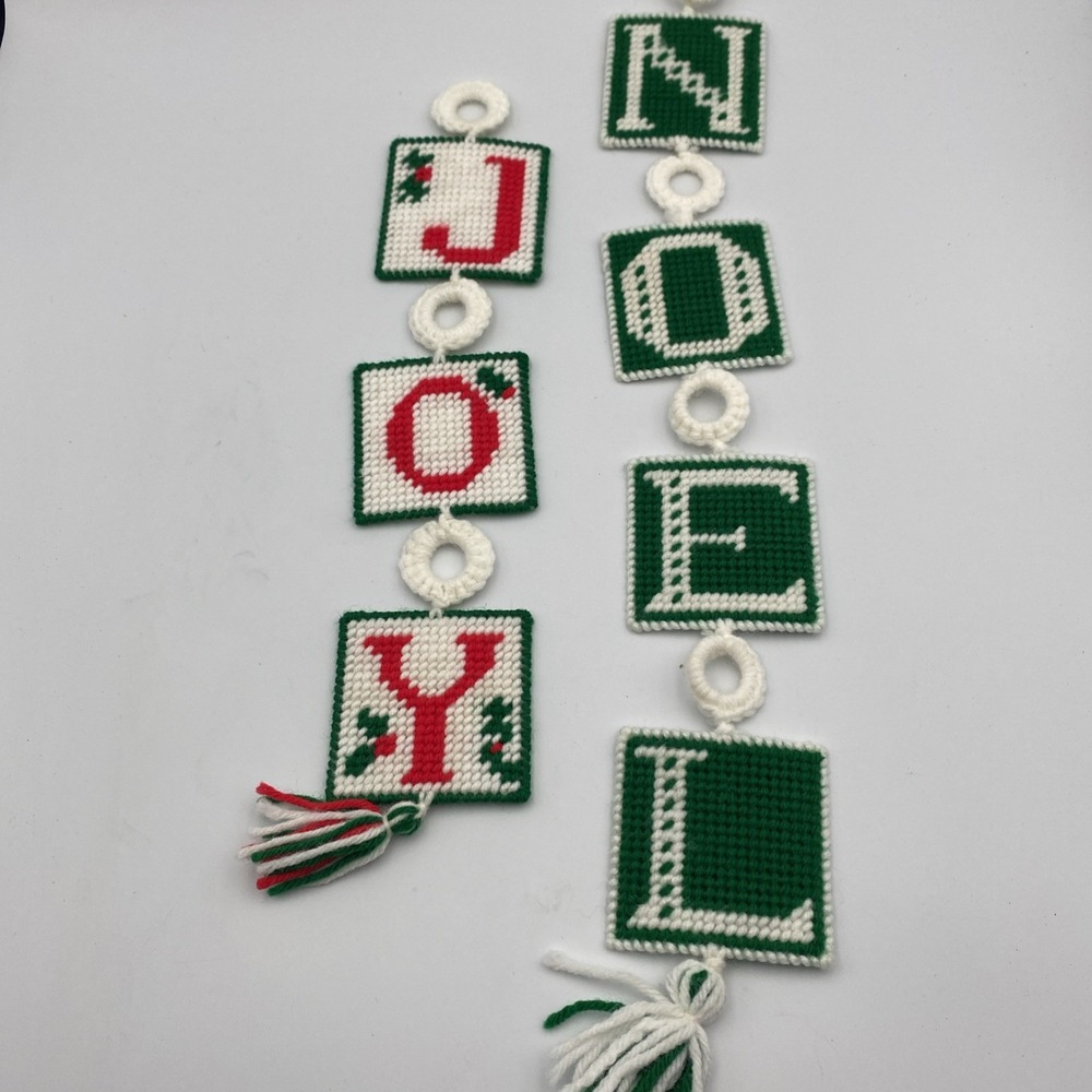 Christmas Decorations Needle Point Hand Crafted Joy Noel Holiday Tree Decor